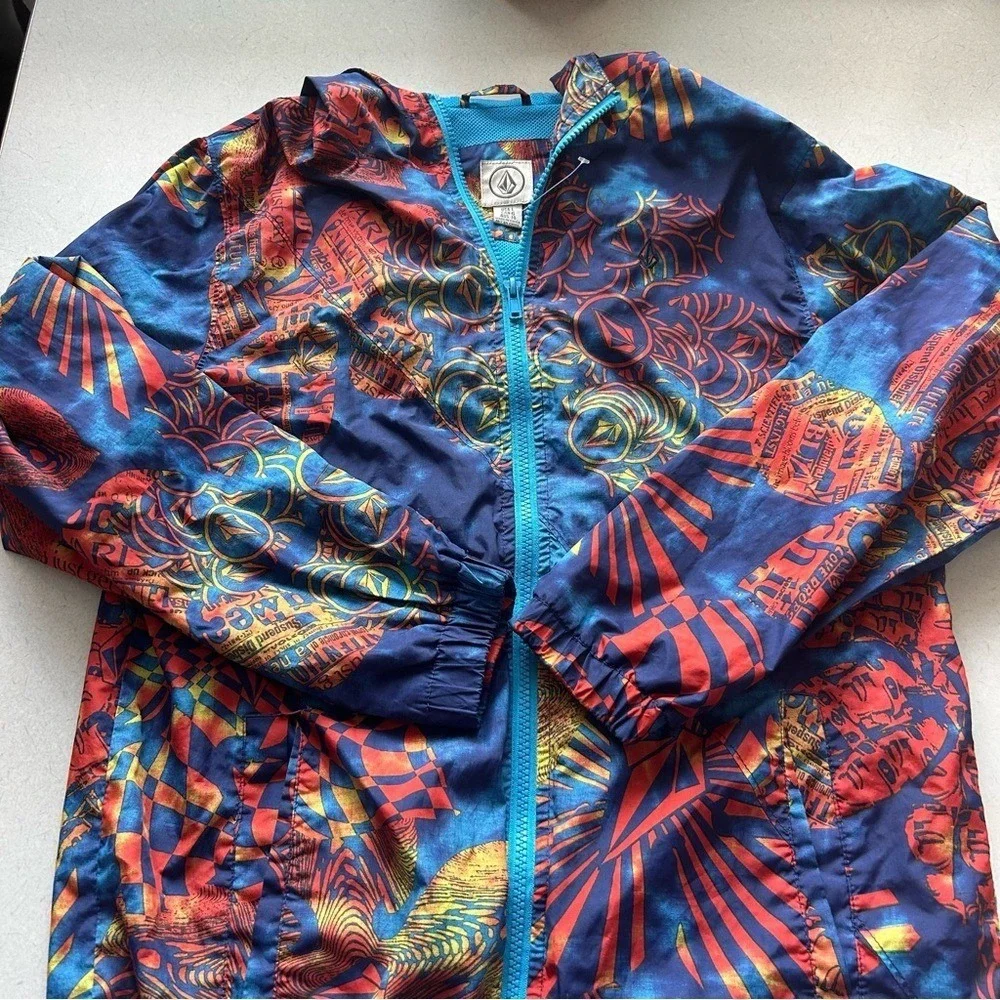 Volcom Kids Hooded Windbreaker Jacket Multicolor Graphic Print‎ Blue Red Size L